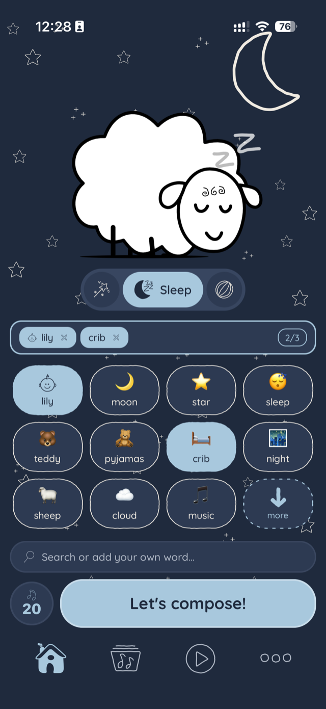 Nanapp in sleep mode: Lula sleeps under the moon while you pick the words for the lullaby