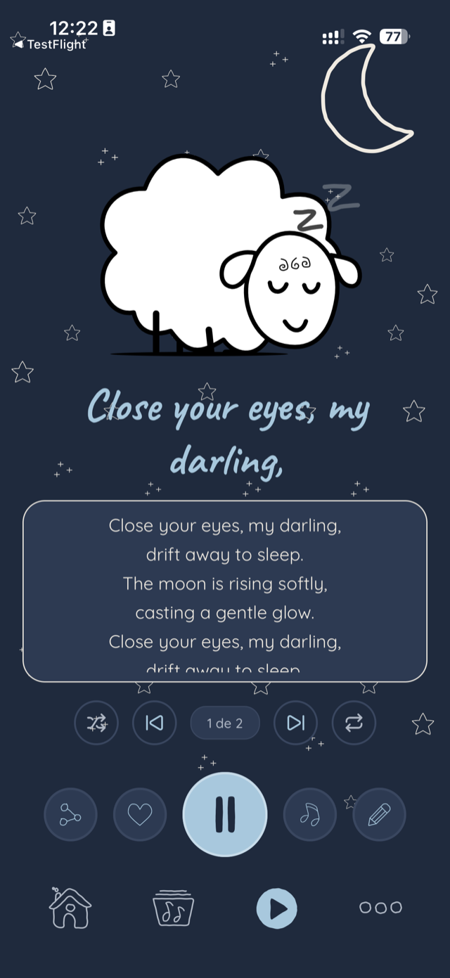 Nanapp player showing the lyrics of a sleep lullaby