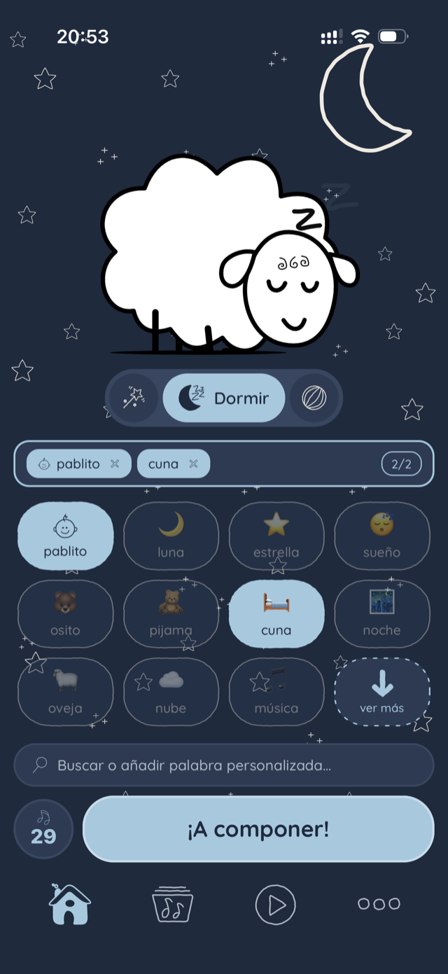 Nanapp en modo dormir: Lula duerme bajo la luna mientras eliges las palabras de la nana