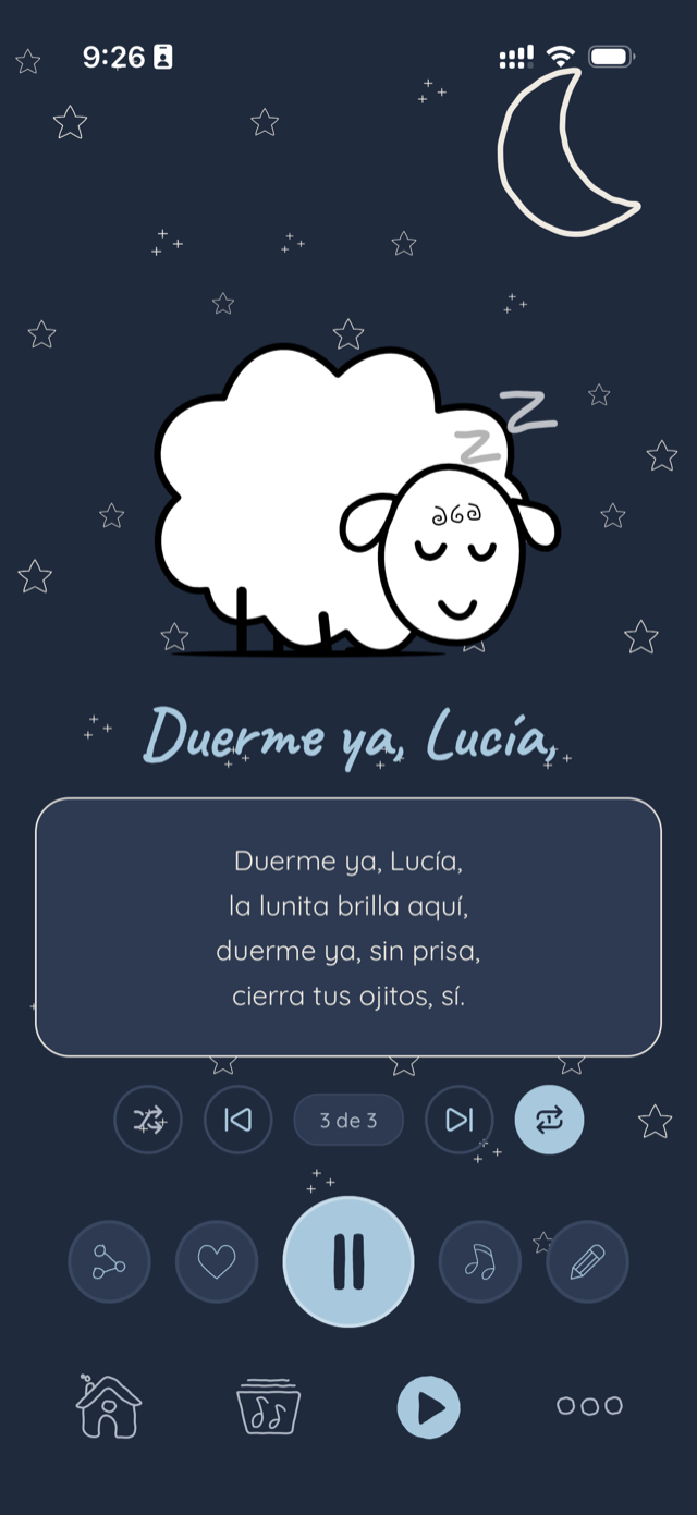Reproductor de Nanapp con la letra de la nana «Duerme ya, Lucía»
